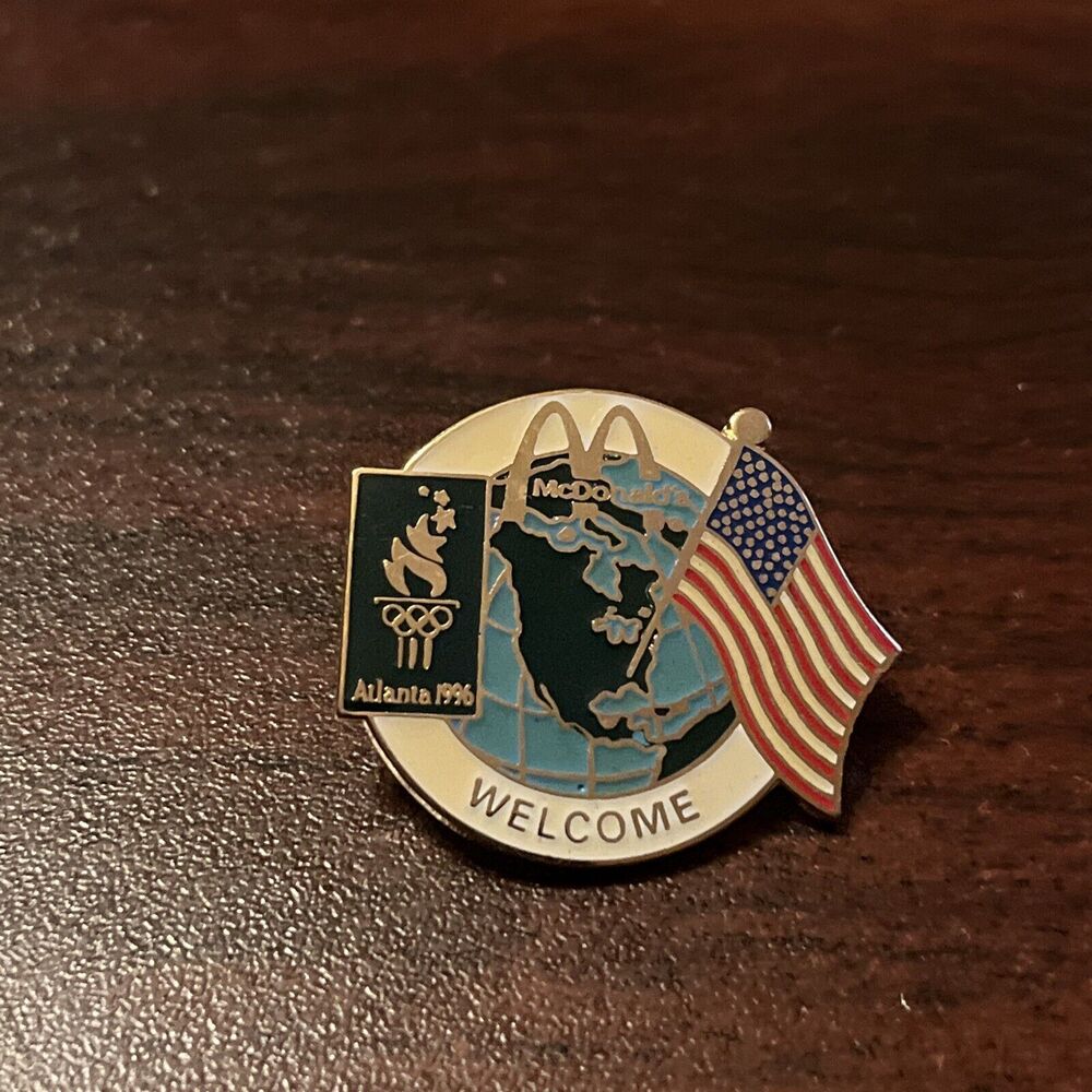 McDonald’s 1996 Atlanta Olympics USA America Flag Welcome Employee Lapel Hat Pin